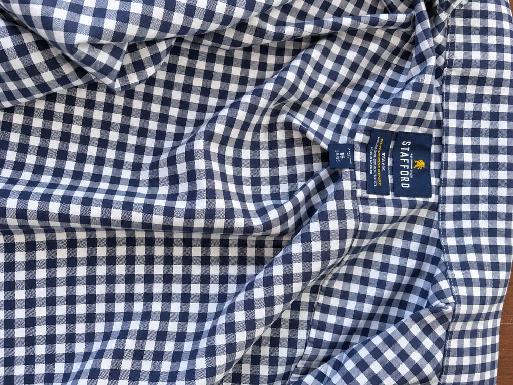 Stafford Travel Blue White Gingham Check Long Sleeve Button Shirt 14.5 32-33